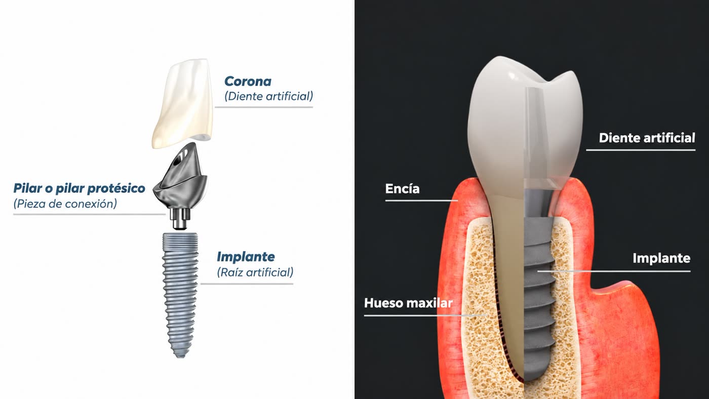 Partes de un implante dental: corona o diente artificial, pilar protésico e implante o raíz artificial, y sección del implante integrado en el hueso maxilar bajo la encía